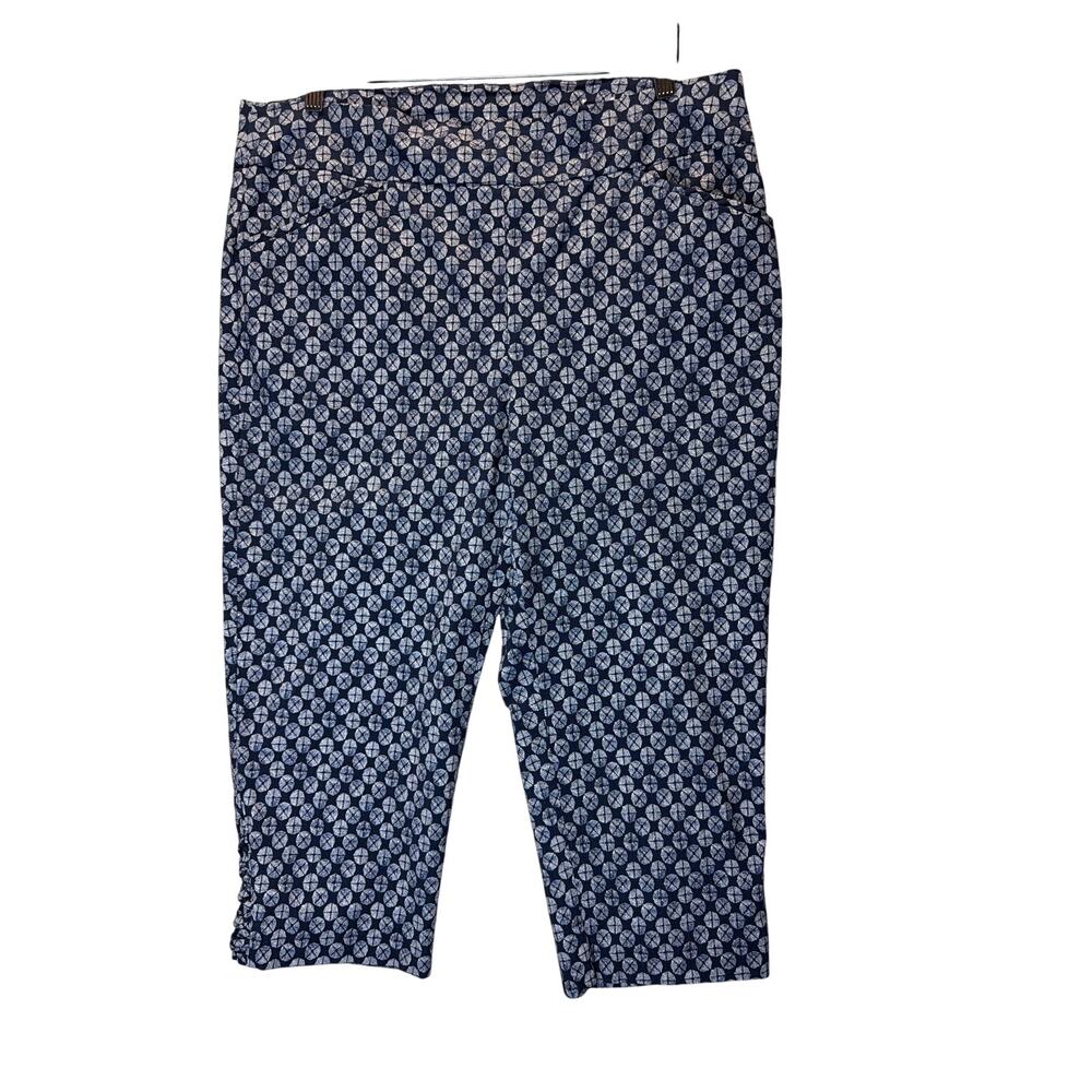 Chico’s Perfect Stretch Pants Womens Size 3 Blue White Geometric Tile capri